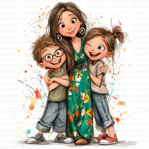 May include: Digital illustration of a mother and two children embracing. The mother wears a green floral dress and the children are in casual outfits. The image has a watercolor effect with colorful paint splatters. The text "CharmArt07" is visible.