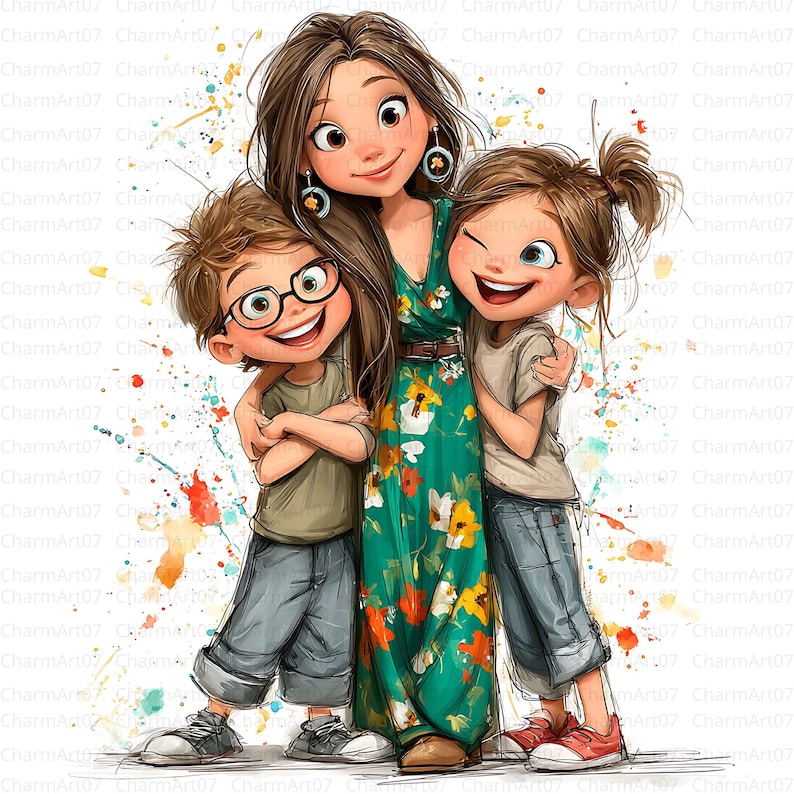 May include: Digital illustration of a mother and two children embracing. The mother wears a green floral dress and the children are in casual outfits. The image has a watercolor effect with colorful paint splatters. The text "CharmArt07" is visible.