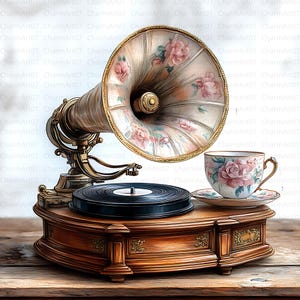 14 Vintage Gramophone Clipart, Fonograf, Wydrukowalne akwarelowe clipart, Wysokiej jakości JPG, Pobieranie cyfrowe, Dzienniki śmieci, Rękodzieło papierowe