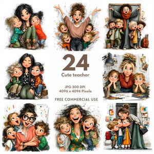 May include: A collage of illustrations featuring teachers and children. The images depict teachers embracing and interacting with children. The text "24 Cute teacher" is displayed, along with image specifications and a note about free commercial use.