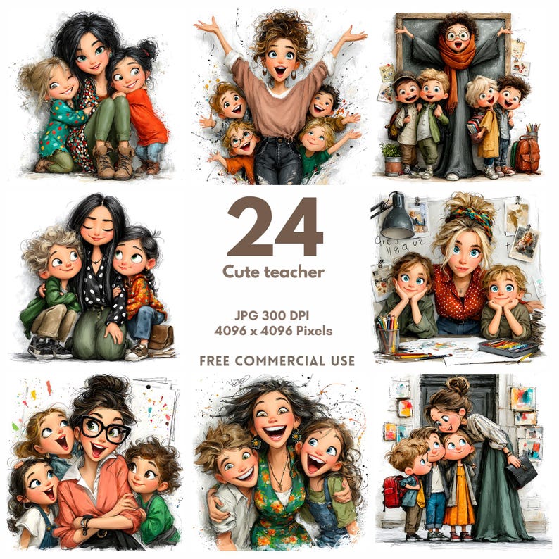 May include: A collage of illustrations featuring teachers and children. The images depict teachers embracing and interacting with children. The text "24 Cute teacher" is displayed, along with image specifications and a note about free commercial use.