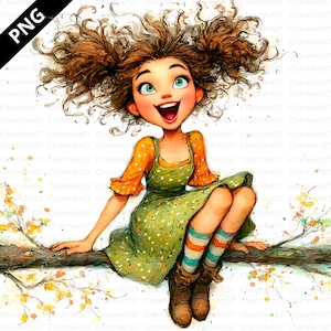 PNG Quirky Little Girl clipart Bundle, 18 Whimsical Illustration, Cute Girl, Printable Watercolor,High Quality JPGs, Paper Craft, journal