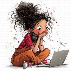 Op de afbeelding: Illustratie van een meisje met donker haar, gekleed in een oranje overall en rode sneakers, zittend voor een laptop. Ze draagt een koptelefoon en bedekt haar mond met haar handen. De achtergrond heeft kleurrijke decoratieve elementen.