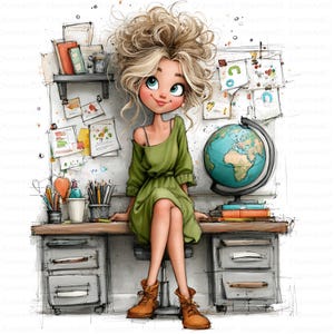 May include: A digital illustration of a character with voluminous blonde hair wearing a green dress, sitting on a desk. The desk features a globe, a pencil holder, and drawers. The background includes a shelf with books and papers pinned to a wall.