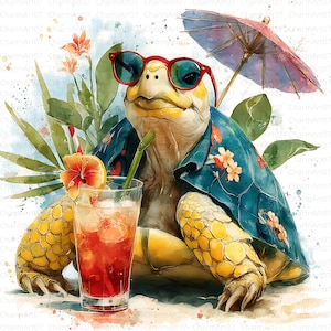 17 Turtle On Vacation Clipart, Beach Clipart, Printable Watercolor Clipart, High Quality PNGs, Digital Download, junk journals, Paper craft