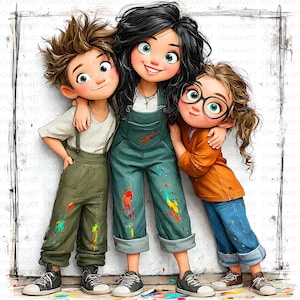 May include: An illustration of three children, arm in arm, smiling. The central figure wears green overalls splattered with paint. The other two children wear olive green pants and blue jeans, also with paint splatters. All three wear sneakers.