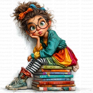 Op de afbeelding: Digitale illustratie van een jong persoon met krullend bruin haar, een grote bril, een turquoise top en een regenboogrok, zittend op een stapel boeken. De persoon rust zijn kin op zijn hand, met een bedachtzame uitdrukking. De afbeelding heeft een grillige, artistieke stijl.