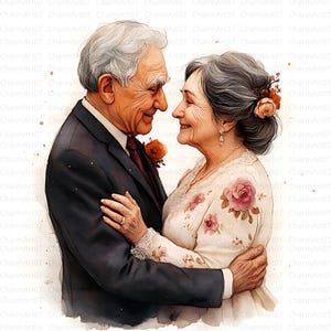 24 Clipart mariage senior, vieux couple de mariage, clipart anniversaire de mariage, clipart aquarelle imprimable, JPG de haute qualité, téléchargement numérique