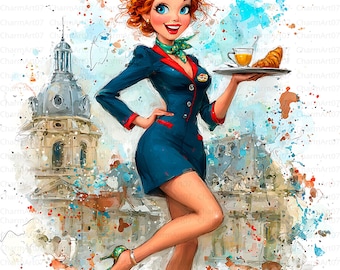 Flight Attendant Clipart Bundle: Watercolor Aviation Art (Digital Download)