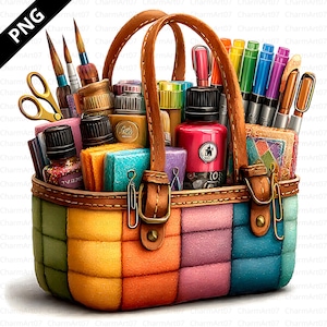 Puede incluir: Un bolso tote acolchado y colorido lleno de materiales de arte. El bolso tiene un asa de cuero marrón y está repleto de pinceles, rotuladores, tijeras y frascos de tinta. La bolsa está dividida en secciones de colores del arcoíris.
