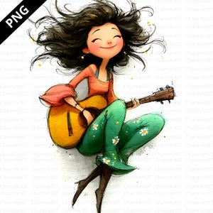 18 Clipart di una ragazza che suona la chitarra, arte musicale, clipart acquerello stampabile, JPG di alta qualità, download digitale, creazione di carta, clipart musicale