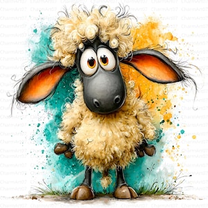 May include: A whimsical cartoon sheep with large, expressive eyes and fluffy, cream-colored wool. The sheep has a black face, ears, and legs, and is set against a watercolor background of teal and yellow splashes. The image has the text "CharmArt07".