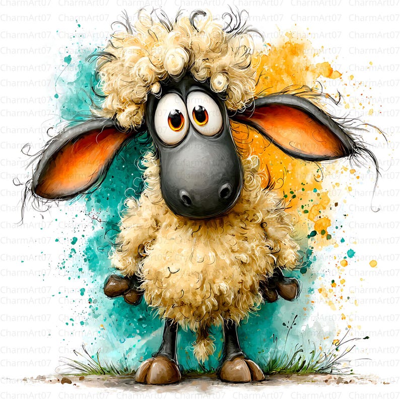 May include: A whimsical cartoon sheep with large, expressive eyes and fluffy, cream-colored wool. The sheep has a black face, ears, and legs, and is set against a watercolor background of teal and yellow splashes. The image has the text "CharmArt07".