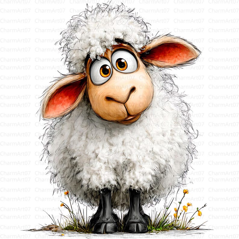 May include: A cartoon illustration of a sheep with a fluffy white coat, large brown eyes, and pink-lined ears. The sheep has black hooves and is standing in grass with small yellow flowers. The image has a whimsical, friendly style.