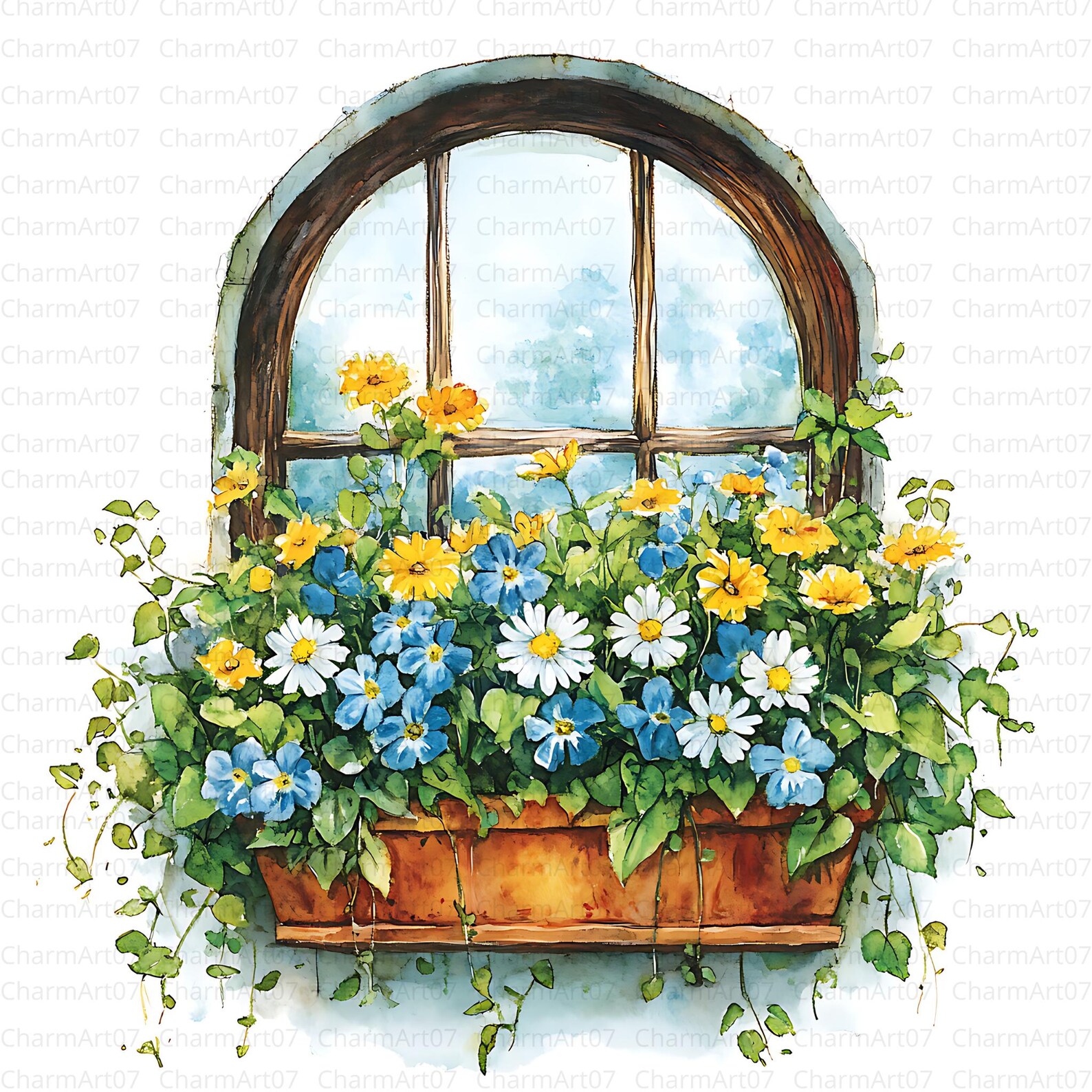 25 Spring Flowers Windows Clipart, Flowerpots, Printable Watercolor ...