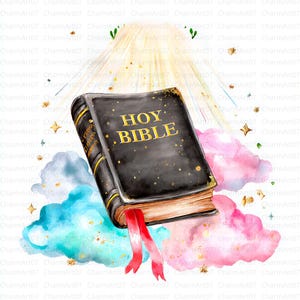 May include: A watercolour illustration of a black Bible with gold lettering reading "HOY BIBLE". The book has a red ribbon bookmark and is set against a backdrop of colourful clouds, stars, and a bright light.