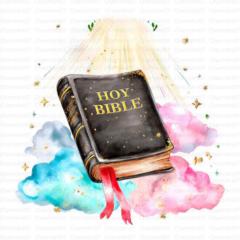May include: A watercolour illustration of a black Bible with gold lettering reading "HOY BIBLE". The book has a red ribbon bookmark and is set against a backdrop of colourful clouds, stars, and a bright light.