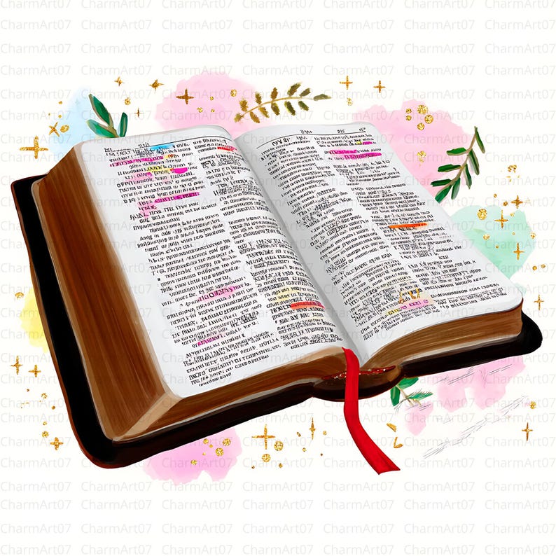 May include: An open book with brown pages and a red ribbon bookmark. The pages are filled with text and highlighted sections in various colours. Decorative elements include watercolour splashes and gold accents.