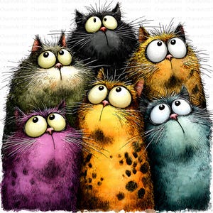May include: A whimsical illustration of six cartoon cats with large, expressive eyes. The cats feature a variety of colors, including purple, orange, black, and green, with detailed fur textures and long whiskers. The image has a playful and humorous style.