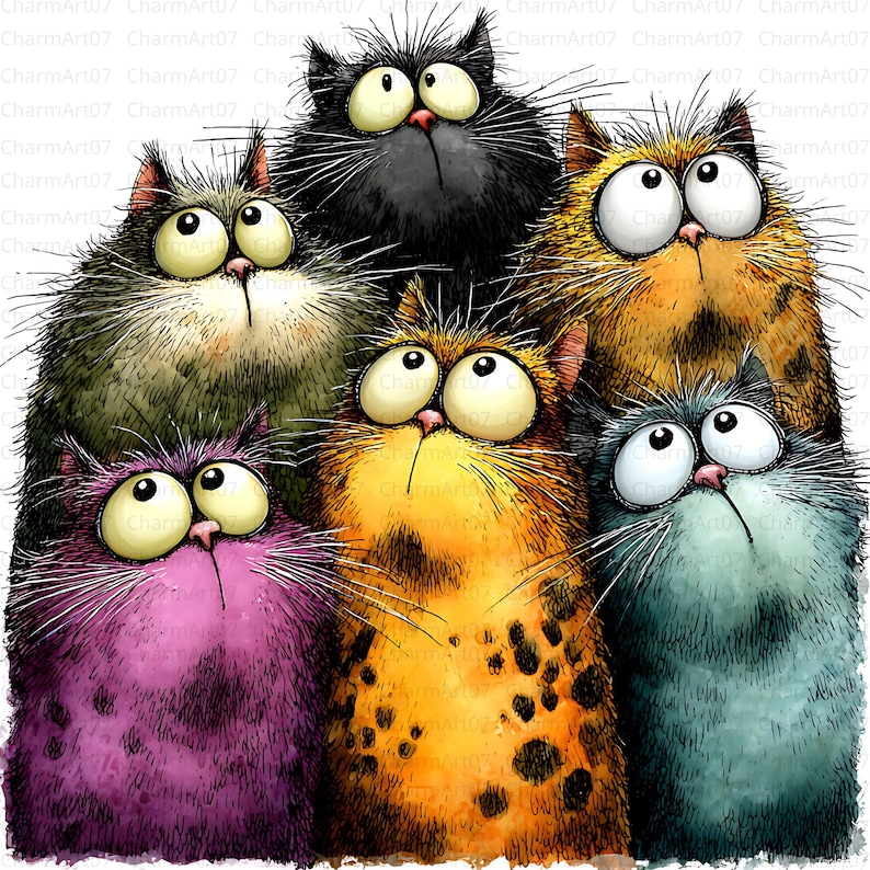 May include: A whimsical illustration of six cartoon cats with large, expressive eyes. The cats feature a variety of colors, including purple, orange, black, and green, with detailed fur textures and long whiskers. The image has a playful and humorous style.