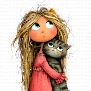 17 schrulliges Mädchen mit Katze Clipart, Mädchen Katze Clipart, schrulliges Mädchen, süßes Mädchen Clipart, druckbares Aquarell, hochwertige JPG, Papierhandwerk