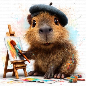 May include: A whimsical illustration of a capybara artist wearing a beret, painting on a small easel. The artwork features a colorful palette of paints and a paintbrush, with paint splatters on the capybara's fur. The image has a charming, artistic theme.