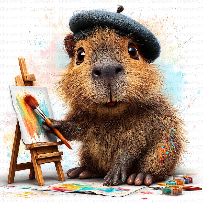 May include: A whimsical illustration of a capybara artist wearing a beret, painting on a small easel. The artwork features a colorful palette of paints and a paintbrush, with paint splatters on the capybara's fur. The image has a charming, artistic theme.