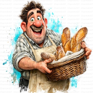Peut inclure: Illustration à l'aquarelle d'un boulanger souriant tenant un panier rempli de baguettes et de pains fraîchement cuits. Le boulanger porte une chemise rayée, un tablier et a une grande moustache. Le fond présente des éclaboussures bleues à l'aquarelle.