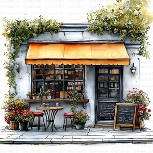 Op de afbeelding: Waterverfillustratie van een charmant café met een oranje luifel, zwarte deur en grote ramen. Een kleine tafel en krukken staan buiten, omringd door bloemen in potten. Een schoolbordmenu staat bij de ingang.