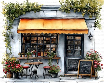 Watercolor Cafe Clip Art: Paris Street Scene (Digital Download, JPG Files)