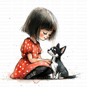 Clipart fille avec chihuahua, peinture fille et chien, décoration de chambre de chien pour filles, amoureux des chiens chihuahua, clipart original, créations en papier