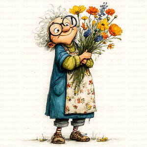 16 Quirky Grandma Clipart, crazy grandma, Commercial Use Funny Old Ladies Clipart, High-Quality JPG, Watercolor Flower Old Lady, Paper Craft