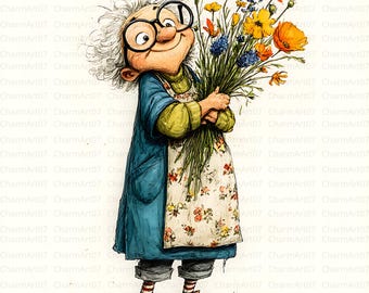 Quirky Grandma Clipart: Watercolor Flower Old Lady Art (JPG, Commercial Use