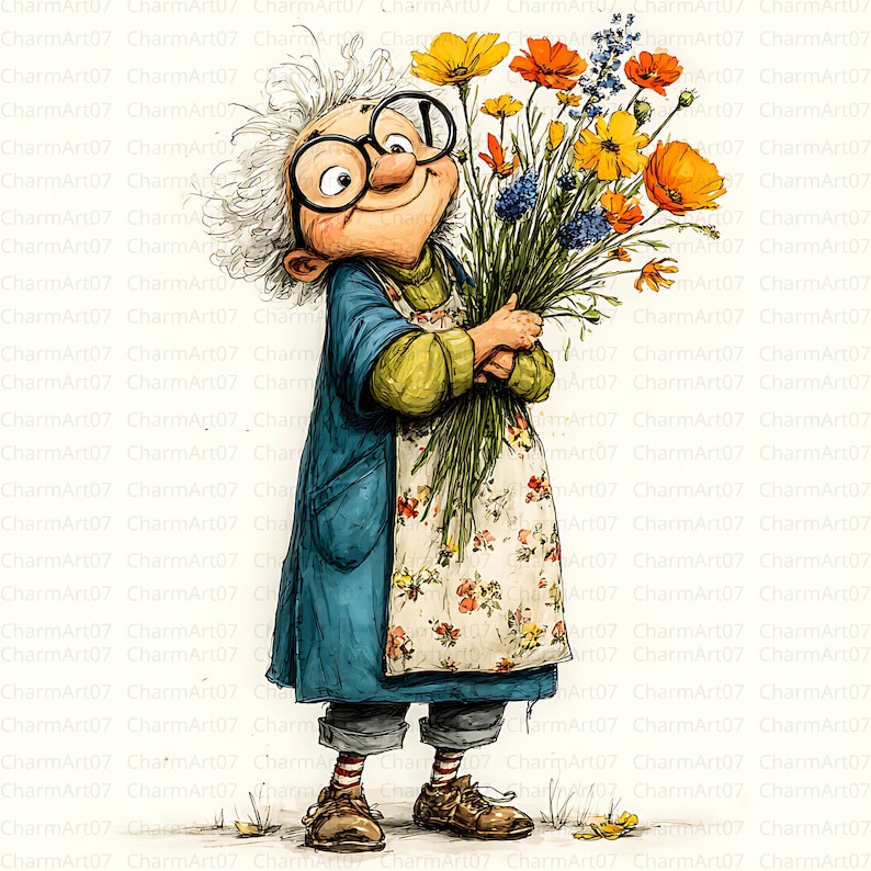 May include: A whimsical illustration of an elderly person holding a vibrant bouquet of flowers. The person wears glasses, a blue coat, a floral apron, and striped socks. The bouquet includes yellow, orange, and blue flowers.
