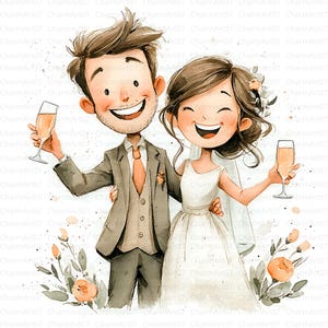 Schattig bruidspaar illustraties, 20 afdrukbare afbeeldingen bruid en bruidegom, liefdespaar digitale download, huwelijk scrapbooking, papier ambachten