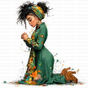Watercolor Praying Black Woman Clipart Bundle (JPG)