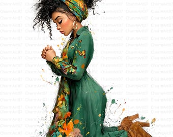 Watercolor Praying Black Woman Clipart Bundle (JPG)