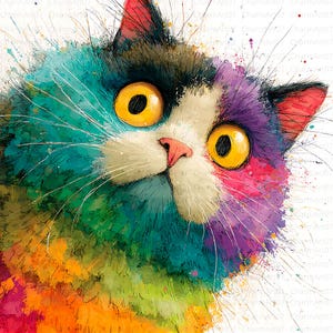 May include: A colorful watercolor painting of a cat's face. The cat has large yellow eyes, a pink nose, and a white muzzle. The fur is a mix of rainbow colors, including blue, green, purple, and orange. The cat is looking up with a curious expression.