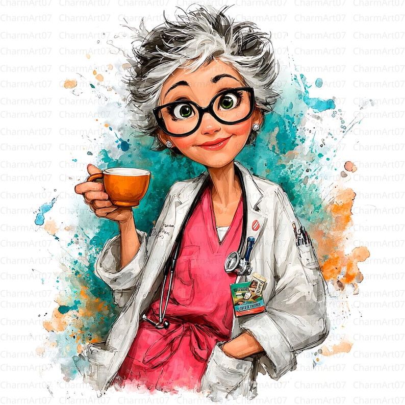 May include: An illustration of a smiling doctor with gray hair, wearing glasses, a white coat, and a pink scrub top. She holds an orange mug and has a stethoscope around her neck. The background features watercolor splashes.
