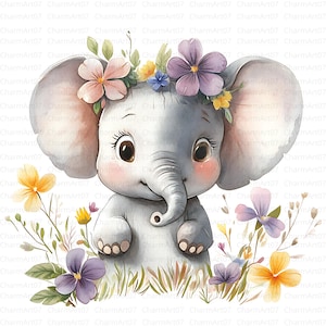 22 Clipart floreali di elefantini, Clipart acquerello stampabili, JPG di alta qualità, Arte murale per bambini, Download digitale, Artigianato di carta