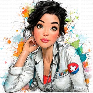 May include: Digital illustration of a female doctor with dark hair and brown eyes, wearing a white coat and stethoscope. The image features a red and blue medical emblem on the coat and colorful paint splatters in the background.
