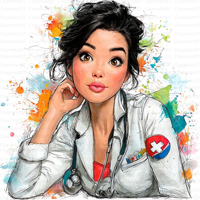 May include: Digital illustration of a female doctor with dark hair and brown eyes, wearing a white coat and stethoscope. The image features a red and blue medical emblem on the coat and colorful paint splatters in the background.