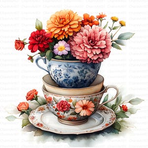 24 Clipart di una pila di tazze da tè floreali, download digitale, immagine acquerello stampabile, lavoretti di carta, tazze da tè, diario di fiori, JPG vintage