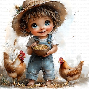 20 Clipart di bambini di fattoria che danno da mangiare ai polli, vita di campagna rustica, JPG di alta qualità, clipart di bambini di fattoria, clipart di acquerello stampabile, diario