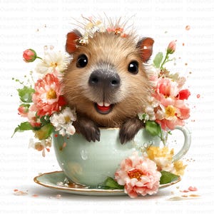 May include: A whimsical illustration of a capybara with a floral crown, nestled in a mint green teacup filled with flowers. The capybara has a big smile and is surrounded by pink, white, and yellow blossoms. The teacup sits on a matching saucer.