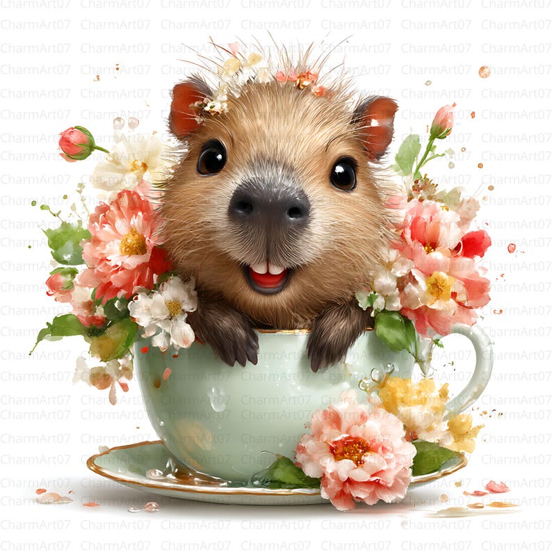 May include: A whimsical illustration of a capybara with a floral crown, nestled in a mint green teacup filled with flowers. The capybara has a big smile and is surrounded by pink, white, and yellow blossoms. The teacup sits on a matching saucer.