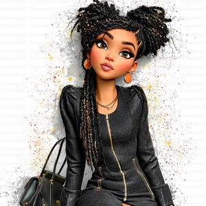 May include: Digital art of a stylish woman with dark skin and braided hair. She wears a black leather jacket with a gold zipper, gold earrings, and a gold necklace. A black handbag rests beside her.