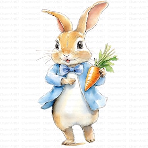 16 Peter Rabbit e carota Clipart, stile Beatrix Potter, JPG di alta qualità, clipart di coniglietto acquerello, artigianato di carta, download digitale