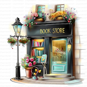 May include: An illustrated image of a quaint book store with a black facade and the words "BOOK STORE" in gold lettering. The store features a teal door, a display of books, and is adorned with flower boxes and a decorative street lamp.