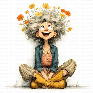 May include: A whimsical illustration of a woman with gray curly hair adorned with yellow and orange flowers. She is smiling and looking upwards, wearing a blue jacket, floral top, gold jewelry, and yellow pants. Her legs are crossed, and she is sitting on the ground.